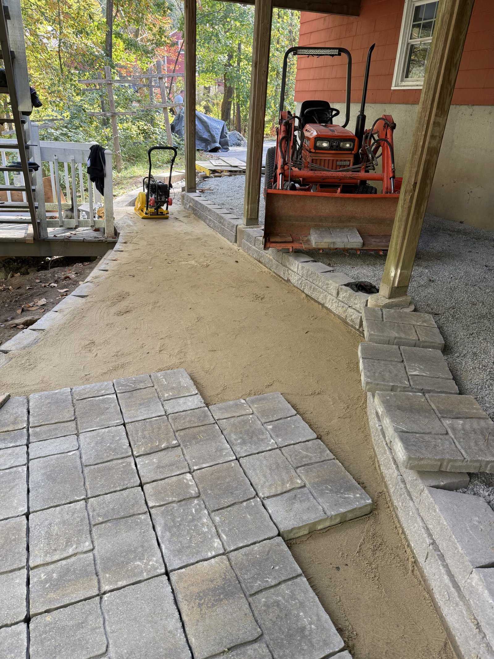 First section of pavers being installed at a Dover Massachusetts patio project