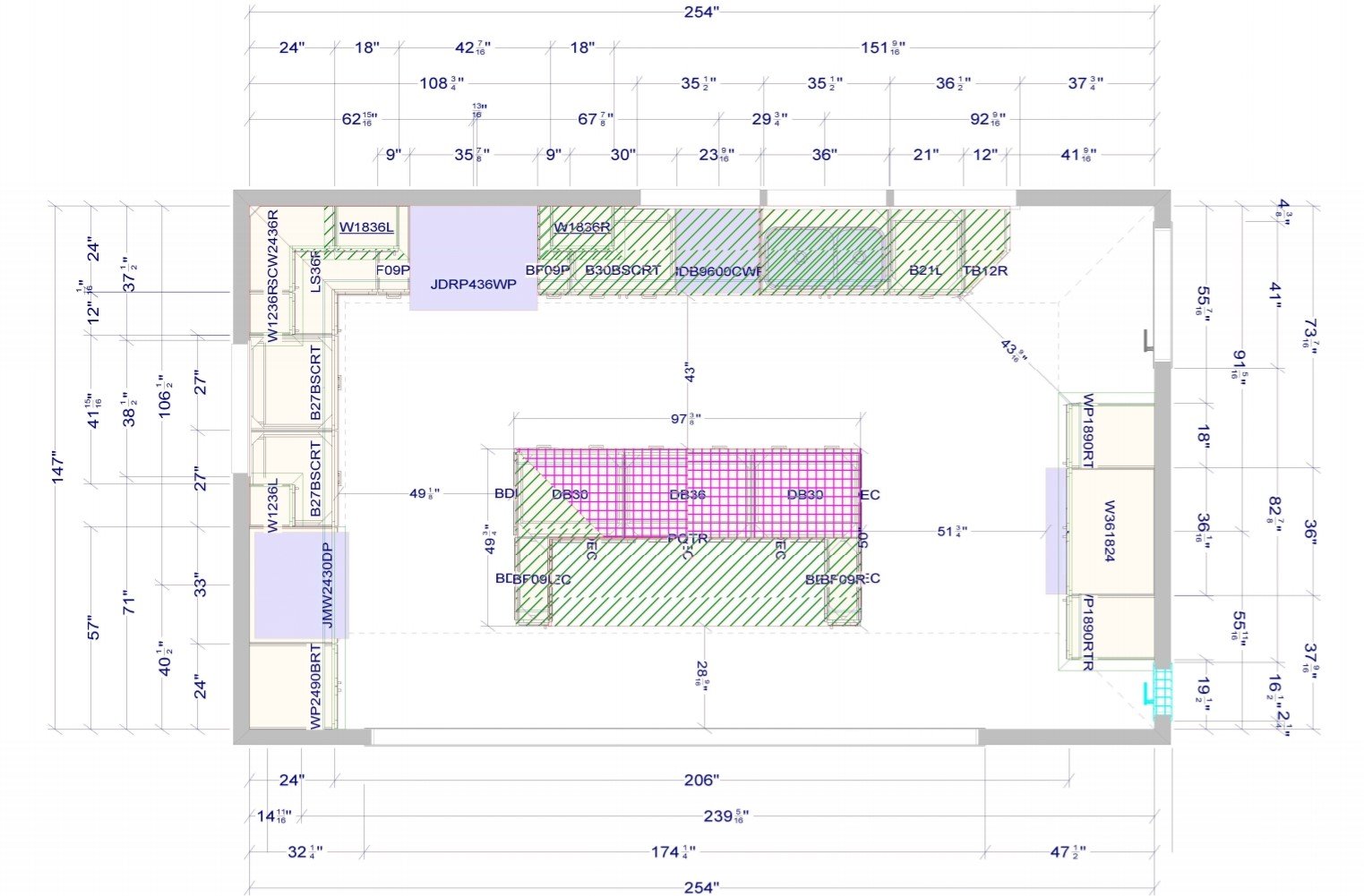 Overhead kitchen floor plan with island and work zones for a Marblehead renovation