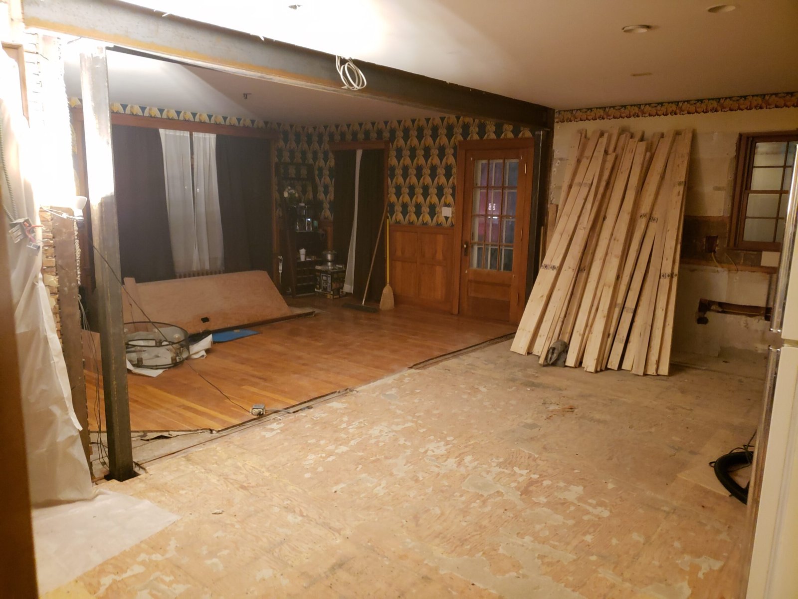 Kitchen and dining spaces opened together during demolition in Marblehead Massachusetts