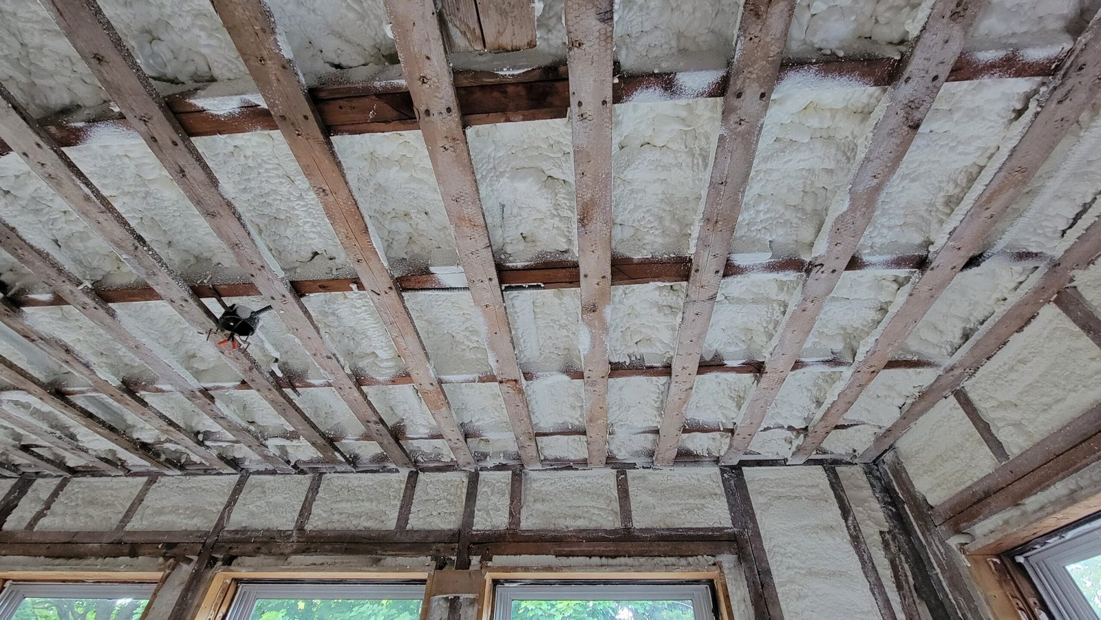 Exposed ceiling lath and framing before insulation and drywall in a Marblehead office