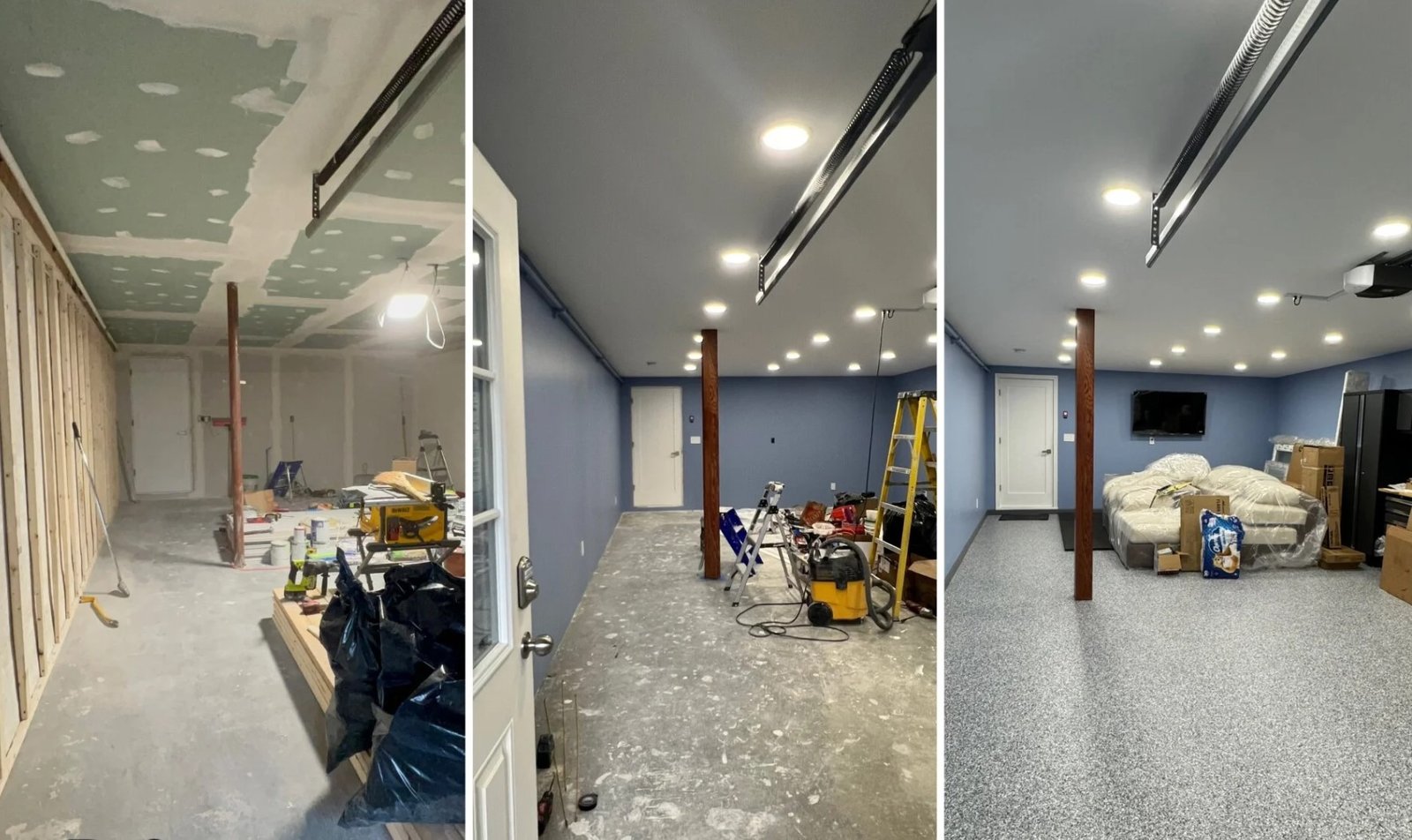 Three-stage construction collage showing progress during a Salem Massachusetts whole-house renovation