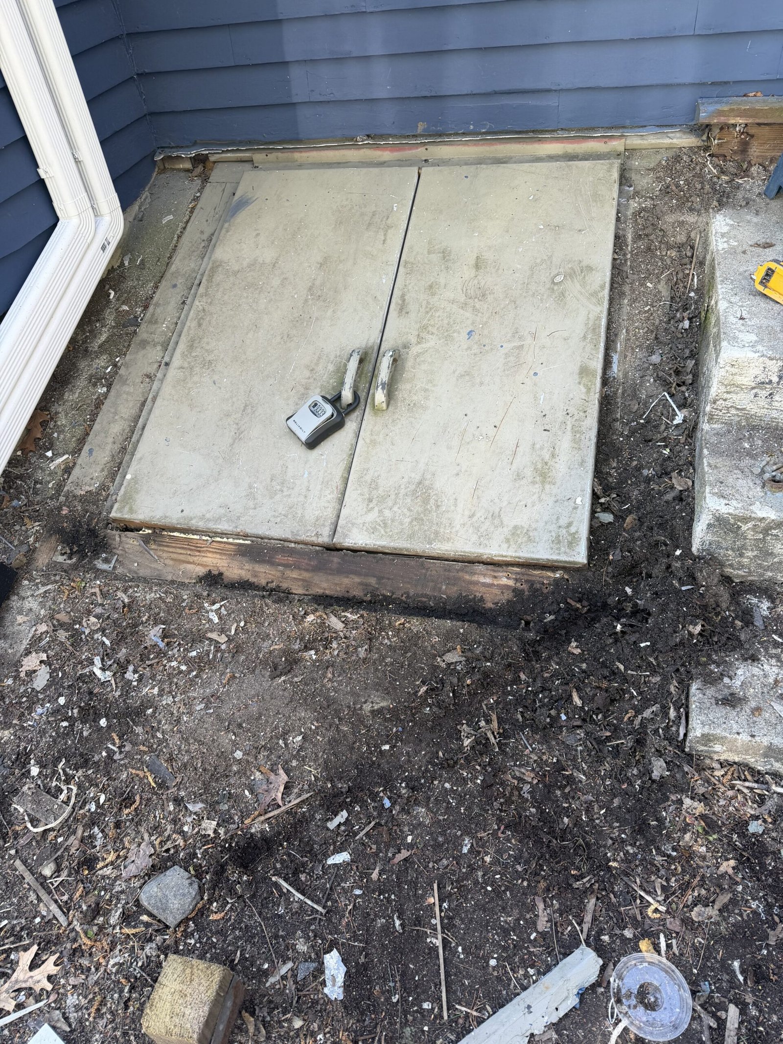 Exterior basement bulkhead access reconstruction in Wayland Massachusetts, photograph 1