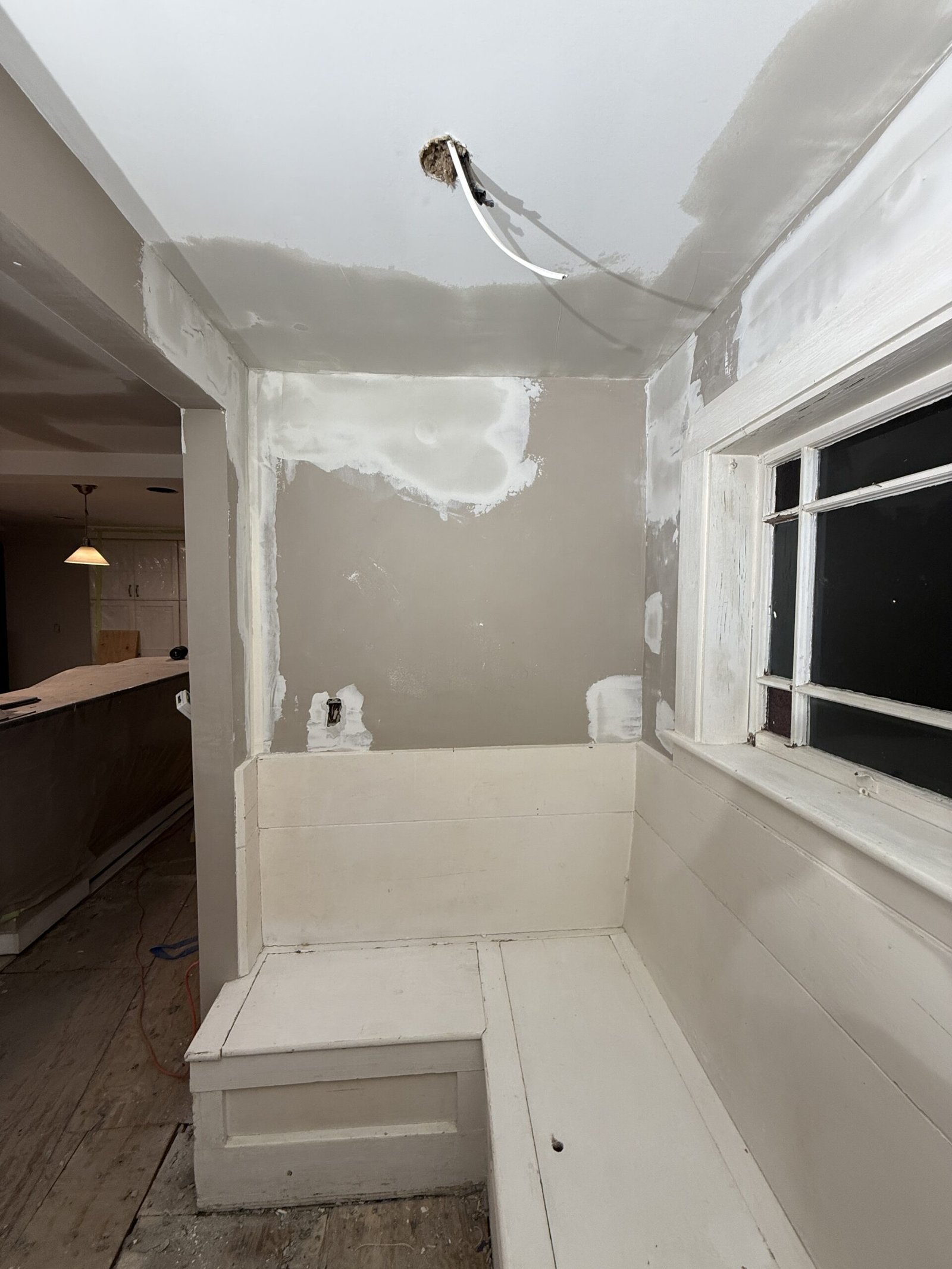 Open ceiling, wall repair, or drywall work during whole-house renovation in Wayland Massachusetts, photograph 6