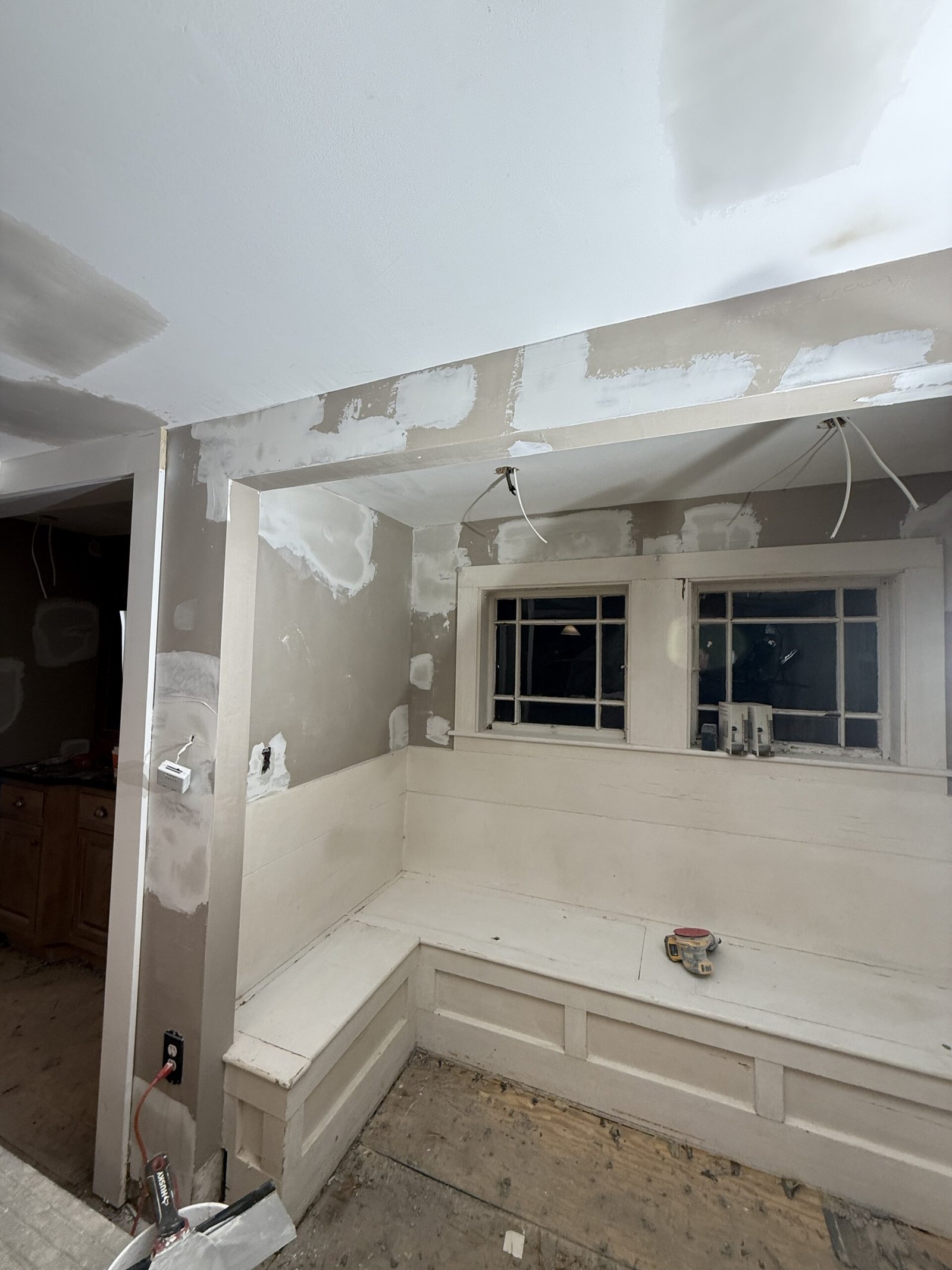 Open ceiling, wall repair, or drywall work during whole-house renovation in Wayland Massachusetts, photograph 7