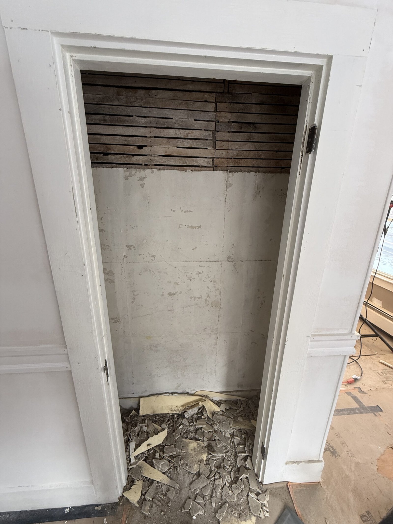 Open ceiling, wall repair, or drywall work during whole-house renovation in Wayland Massachusetts, photograph 2