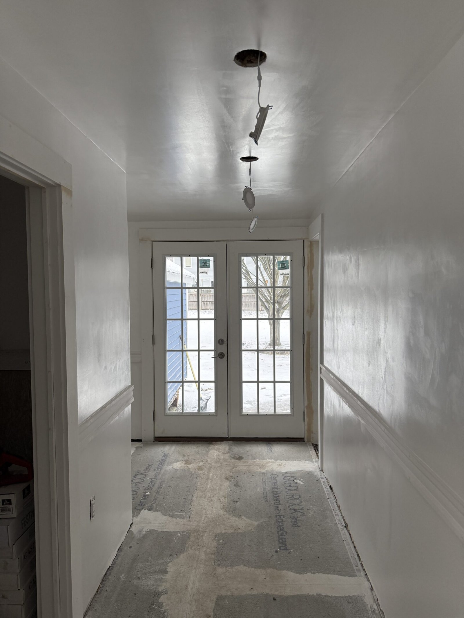 Open ceiling, wall repair, or drywall work during whole-house renovation in Wayland Massachusetts, photograph 9