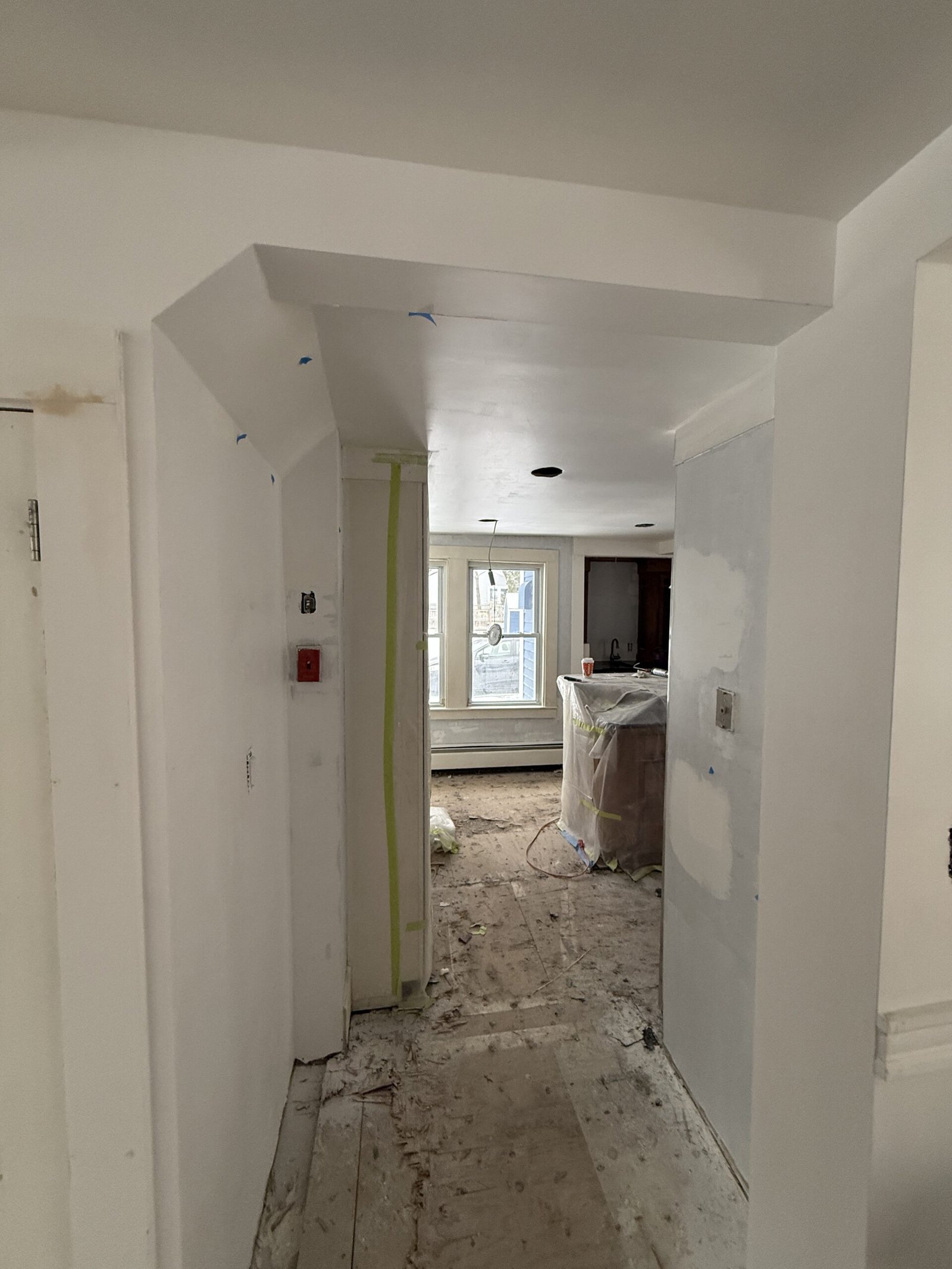 Open ceiling, wall repair, or drywall work during whole-house renovation in Wayland Massachusetts, photograph 12