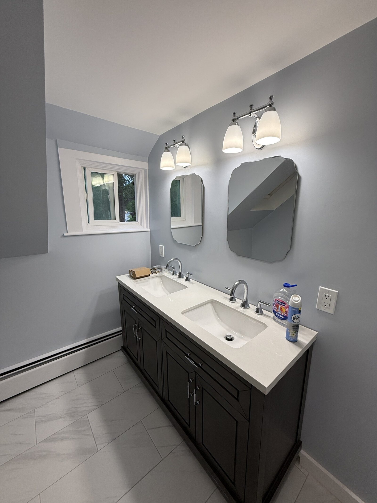 Contractor-taken completed bathroom after whole-house renovation in Wayland Massachusetts, photograph 2