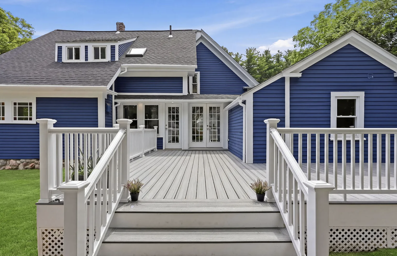 Professionally staged completed deck at the Wayland Massachusetts renovation, photograph 10