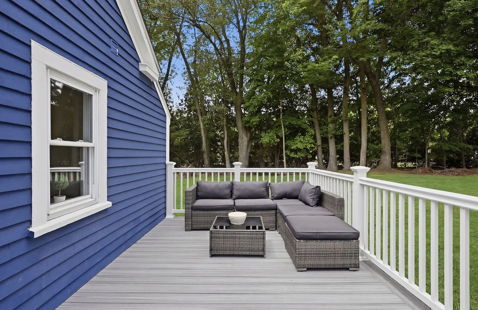 Professionally staged completed deck at the Wayland Massachusetts renovation, photograph 9