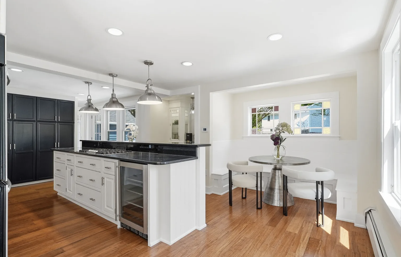 Professionally staged finished kitchen after whole-house renovation in Wayland Massachusetts — view 1