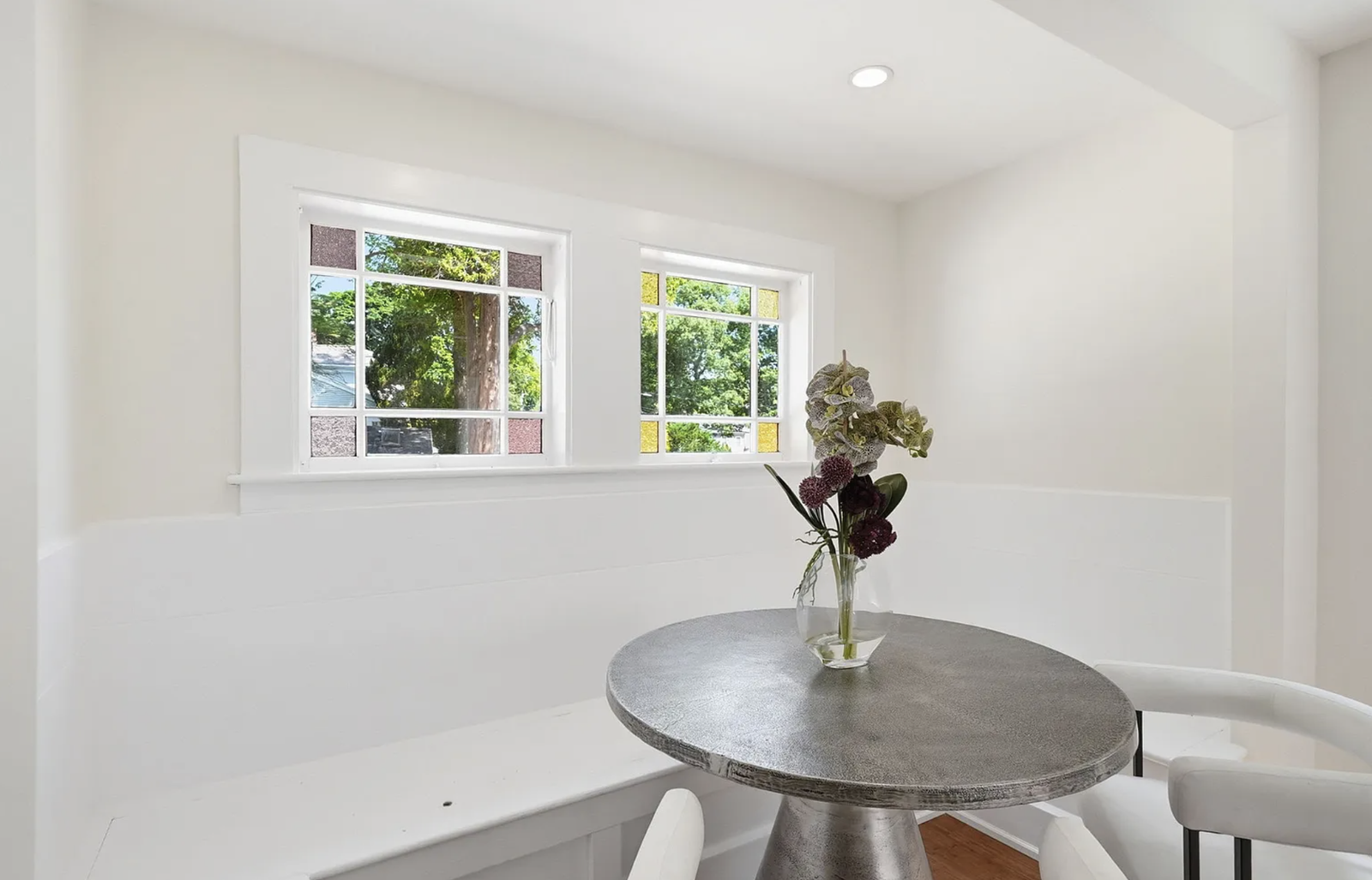 Professionally staged living and dining space after whole-house renovation in Wayland Massachusetts — view 1