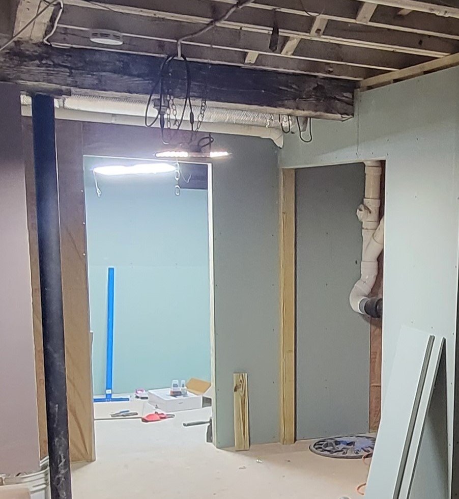 Wall and doorway preparation during a bathroom build in Marblehead Massachusetts